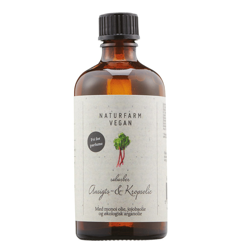 Rabarber Ansigts- og Kropsolie 100 ml. Indeholder Monoi- Jojoba- og Økologisk Olivenolie. 100% Vegansk og parfumefri